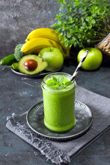Avocado smoothie with fruits. Detox drink. Top view.