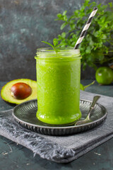 Avocado smoothie with fruits. Detox drink. Top view.