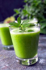 Avocado smoothie with fruits. Detox drink. Top view.