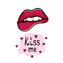 Romantic poster with hand lettering and red lips. Vector Illustration for Valentine's day or wedding handwritten phrase Kiss Me and red lips kiss. Isolated on white background.