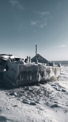 winter abandoned ship on the seashore