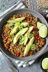 Lentil salad with avocado. Top view with copy space. Healthy food.