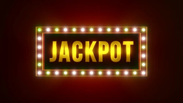 Jackpot. Golden capital letters framed by illuminated light bulbs. Winning, casino, gambling, roulette, bingo and entertainment events. 3D animation