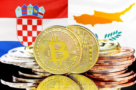 Bitcoins on flag of Croatia and Cyprus background. Concept for investors in cryptocurrency and Blockchain technology in Croatia and Cyprus