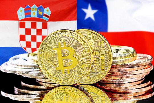 Bitcoins on flag of Croatia and Chile background. Concept for investors in cryptocurrency and Blockchain technology in Croatia and Chile