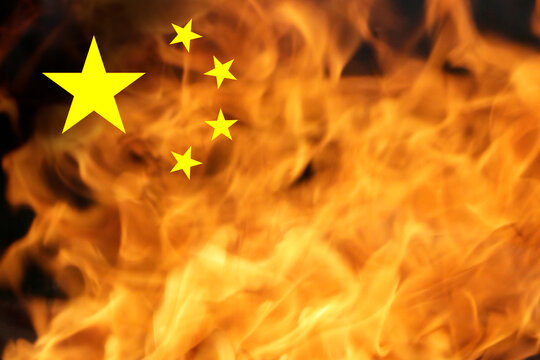 Protests China Flag. Chinese Real Estate And Debt Crisis. Zero Covid And Lockdown Protest In China. Revolution Demonstration. Communism. Kill Protesters. Fire Flame