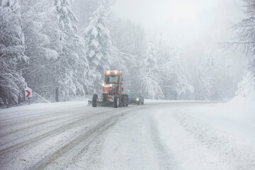 Snowy and frozen mountain road in winter landscape. Uludag National Park. Bursa, Turkey.