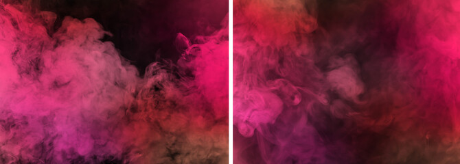 Fog texture background. Neon red color backdrop set.
