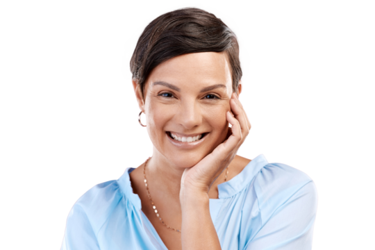 Cropped portrait of an attractive young woman posing in studio against an isolated transparent png background.