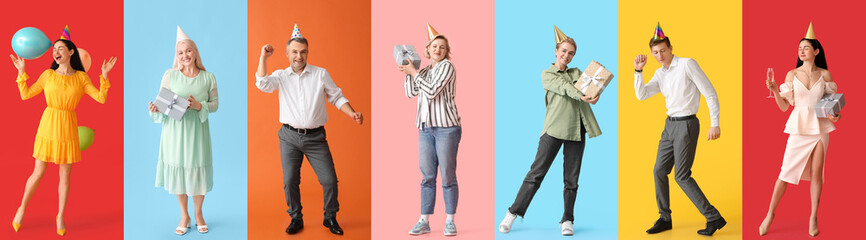 Collage of happy people celebrating Birthday on color background