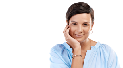 Cropped portrait of an attractive young woman posing in studio against an isolated transparent png background.
