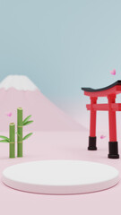 Product display podium on Japanese style background with Mt. Fuji, torii and bamboo. 3D rendering. 3d illustration.