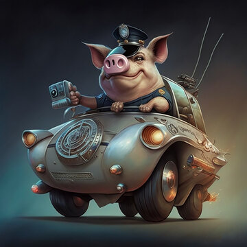 Pig Police Officer Cartoon Scene 