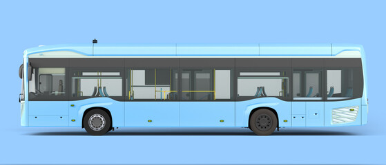 Front of blue city bus with open dors 3d render image on blue © nosorogua