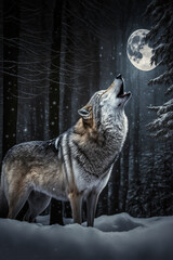 Obraz premium Howling wolf, winter night scene in forest
