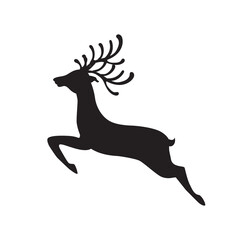 Vector cartoon stag big antlers illustration. Male deer black silhouette.