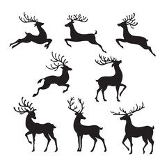 Vector set cartoon stag big antlers illustration. Male deer black silhouette.