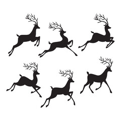Vector set cartoon stag big antlers illustration. Male deer black silhouette.