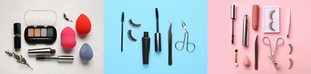 Set of trendy makeup cosmetics products on color background, top view