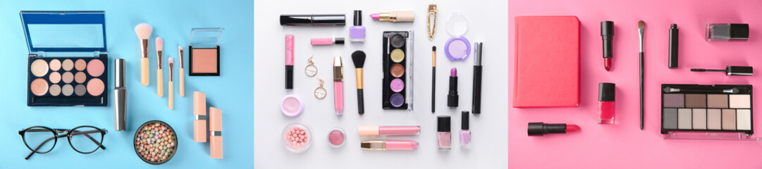 Set of modern makeup cosmetics products on color background, top view