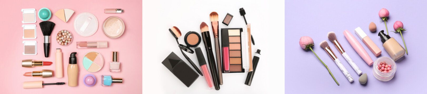 Collection of modern makeup cosmetics products on color background, top view