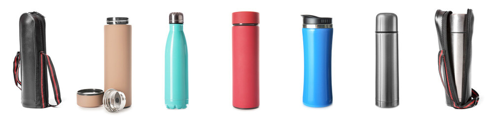 Collage of modern thermoses on white background
