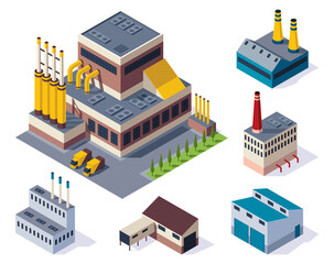 Collection of isometric factories. Concept of industrial working plants with chimney tower or pipes. Industrial buldings. 3d isolated icons set. Architecture of manufactures house