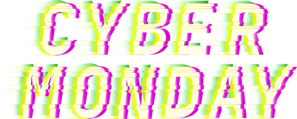 Cyber Monday. Glitch style digital font quotes. Typography future creative design. Trendy lettering modern concept. Green and pink distorted channels. Vector illustration