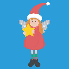 christmas character of angel in red dress with gold star in hands
