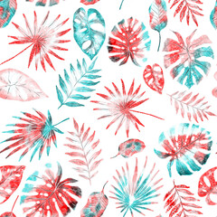 Fototapeta na wymiar Watercolor seamless pattern with colorful abstract tropical leaves. Bright summer print with exotic plants. Creative trendy botanical textile design. 