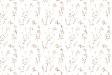 aesthetic hand drawn wild flower line art seamless pattern