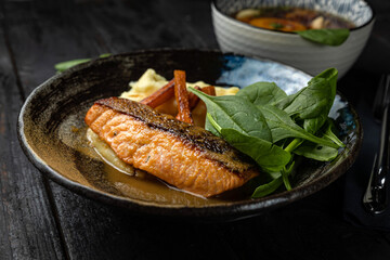 delicious fried fish in a restaurant
