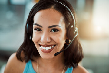 Call center agent, customer service and sales support operator with headset giving friendly, help...