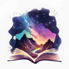 Concept of an open magic book open pages space, milky way, mountains. Fantasy, nature or learning concept, with copy space - obrazy, fototapety, plakaty