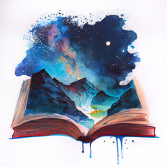 Concept of an open magic book open pages space, milky way, mountains. Fantasy, nature or learning concept, with copy space