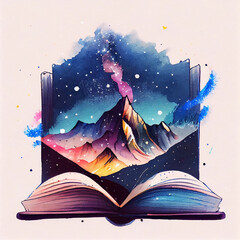 Concept of an open magic book open pages space, milky way, mountains. Fantasy, nature or learning concept, with copy space