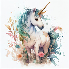 Unicorn illustration for children design. Rainbow hair. Isolated. Cute fantasy animal.
