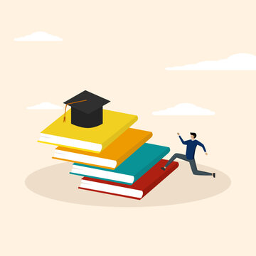 the businessman stepped on the stack of books as a ladder to reach the graduation cap on top. A measure of education or success, studies for skills development to achieve business success.