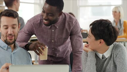 Teamwork, collaboration and business people in office talking, in friendly conversation and discussion. Support, diversity and group working together, brainstorming and planning project in workplace - Powered by Adobe