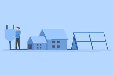sustainability illustration. Character holding a power jack. solar power plant as a form of green energy and renewable energy concept. Vector illustration.