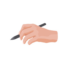 Hand holding felt tip pen vector illustration. Hand of painter drawing isolated on white background. Art, education, stationery, creativity concept