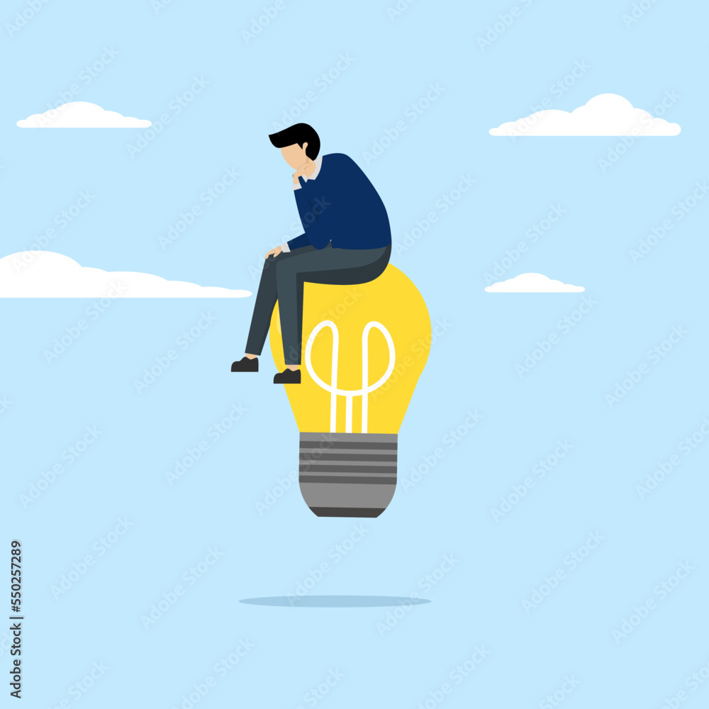 Poster smart businessman thinking about imagination light bulb idea. thinking creatively, using imagination