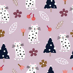 Christmas seamless pattern with polka dot cat, Christmas tree, flowers, berries, leaves and tulips on a pink background.