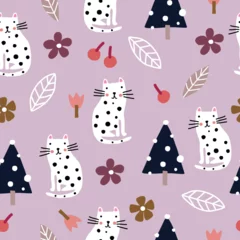 Poster Christmas seamless pattern with polka dot cat, Christmas tree, flowers, berries, leaves and tulips on a pink background. © Oratai