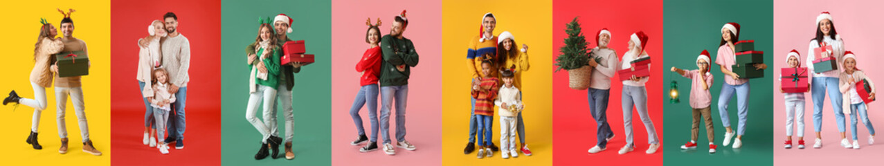Collage of happy families on color background. Christmas celebration