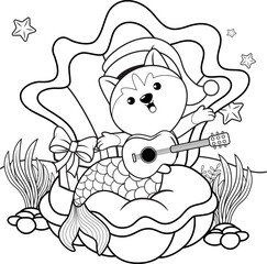 Christmas coloring book with cute husky mermaid