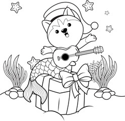 Christmas coloring book with cute husky mermaid