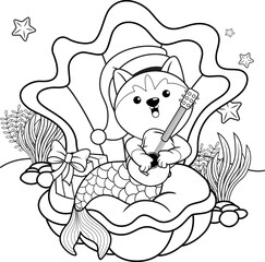 Christmas coloring book with cute husky mermaid