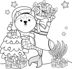 Christmas coloring book with cute husky mermaid