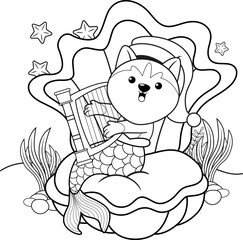 Christmas coloring book with cute husky mermaid